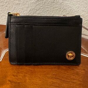 Versace Black Leather Card Holder with Gold Medallion NWT